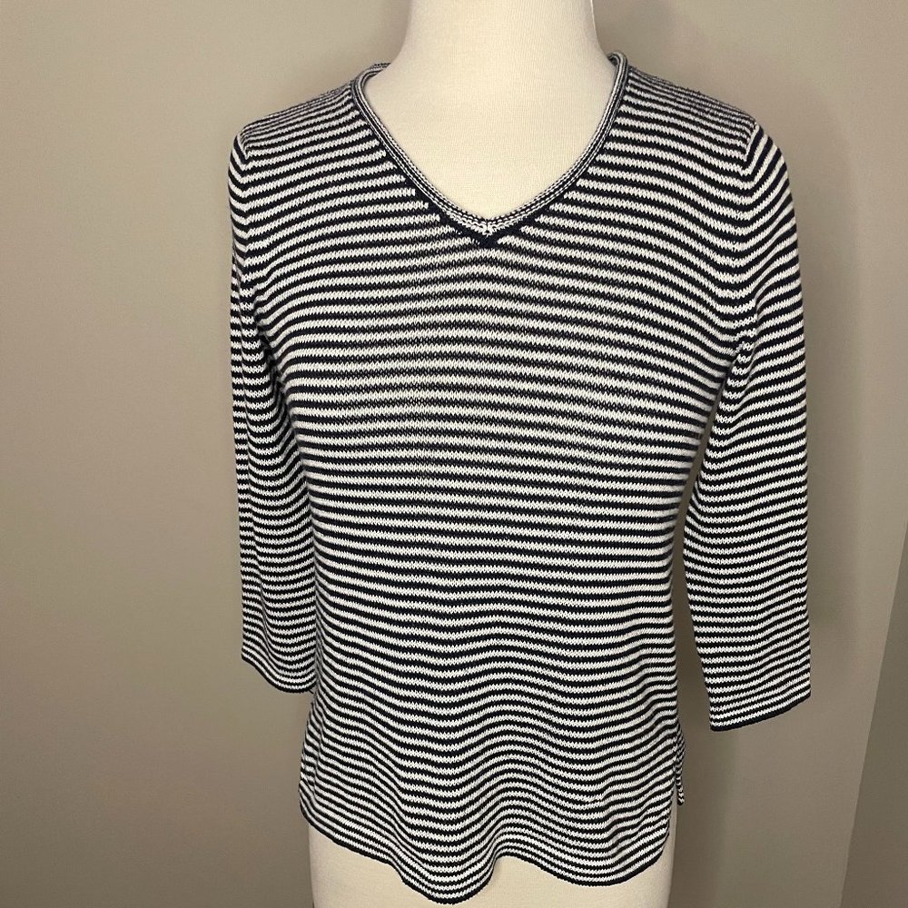 Talbots Black & White Stripe 3/4 Sleeve V-neck Pullover sweater size P